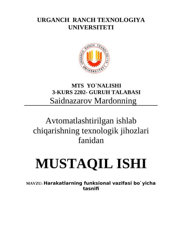 Harakatlarning funksional vazifasi bo`yicha tasnifi