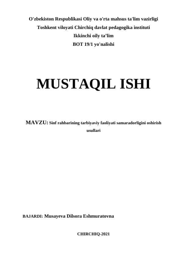 Sinf rahbarining tarbiyaviy faoliyati samaradorligini oshirish usullari