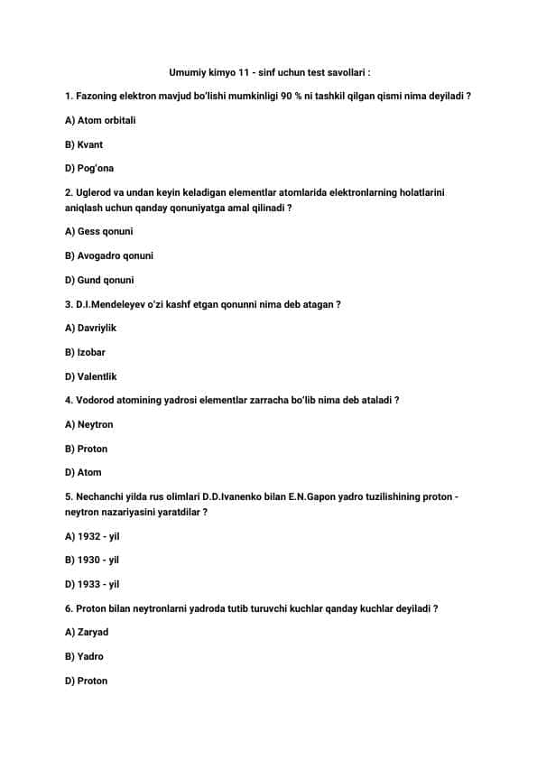 Umumiy kimyo 11-sinf uchun test savollari javoblari bilan