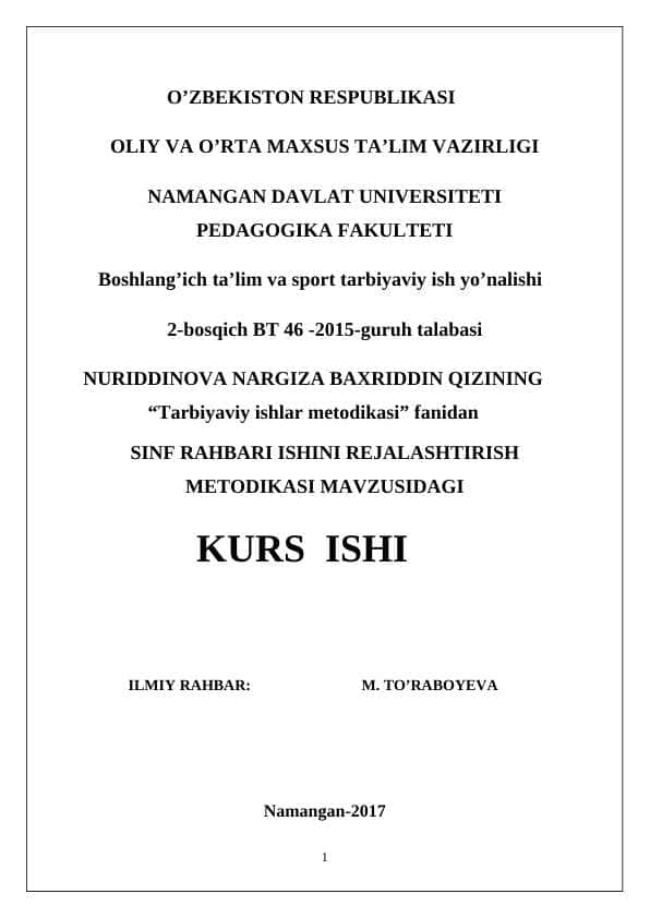 SINF RAHBARI ISHINI REJALASHTIRISH METODIKASI