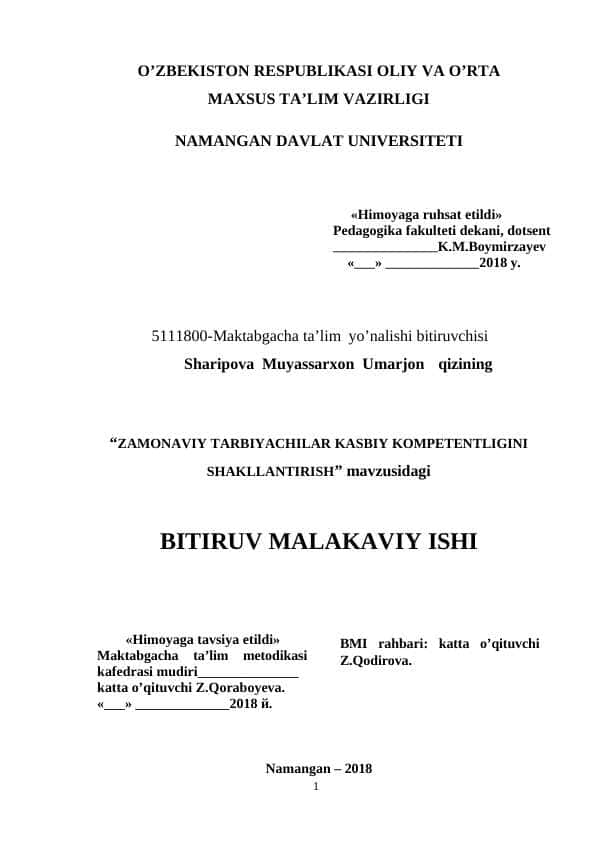ZAMONAVIY TARBIYACHILAR KASBIY KOMPETENTLIGINI SHAKLLANTIRISH