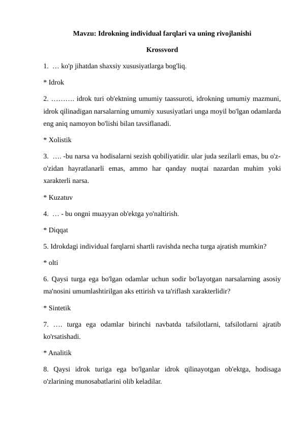 Idrokning individual farqlari va uning rivojlanishi krossvord