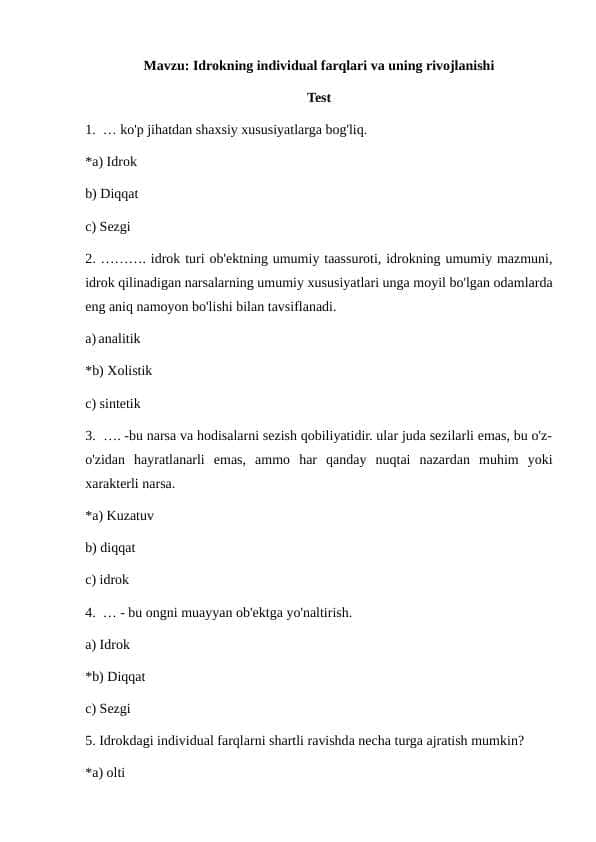 Idrokning individual farqlari va uning rivojlanishi test
