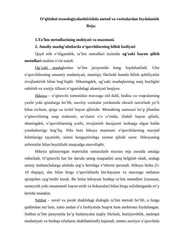 O‘qitishni texnologiyalashtirishda metod va vositalardan foydalanish