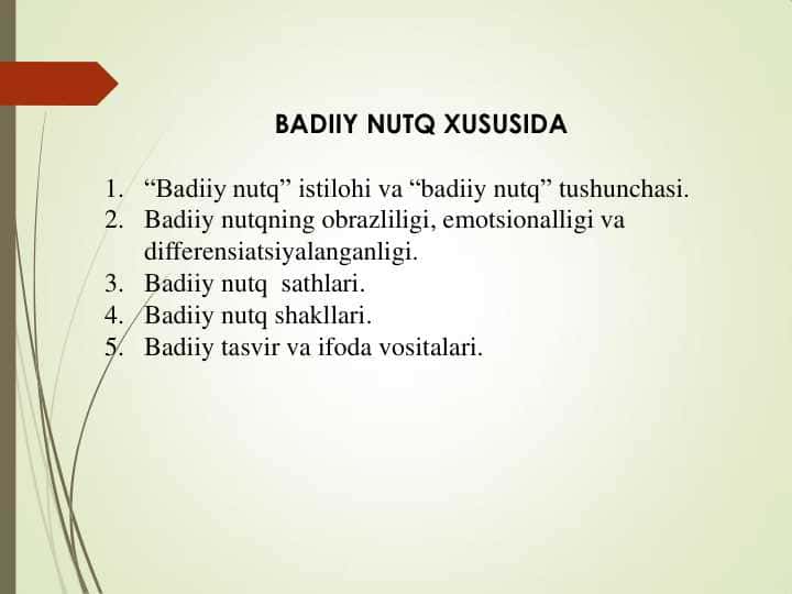 Badiiy nutqning obrazliligi, emotsionalligi va differensiatsiyalanganligi.