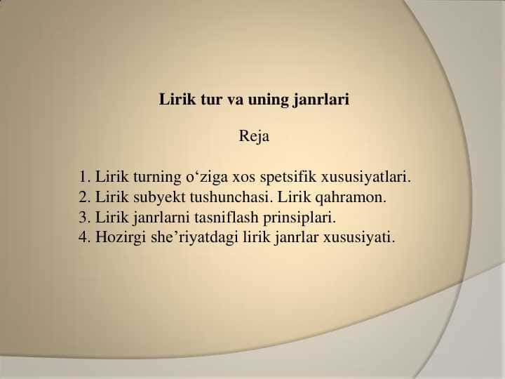 Lirik turning o„ziga xos spetsifik xususiyatlari