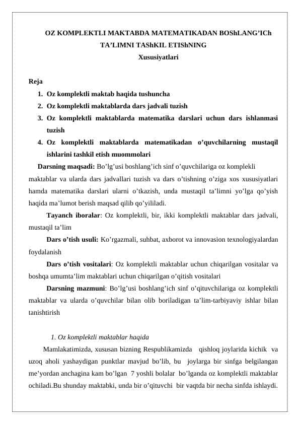 OZ KOMPLEKTLI MAKTABDA MATEMATIKADAN BOShLANG