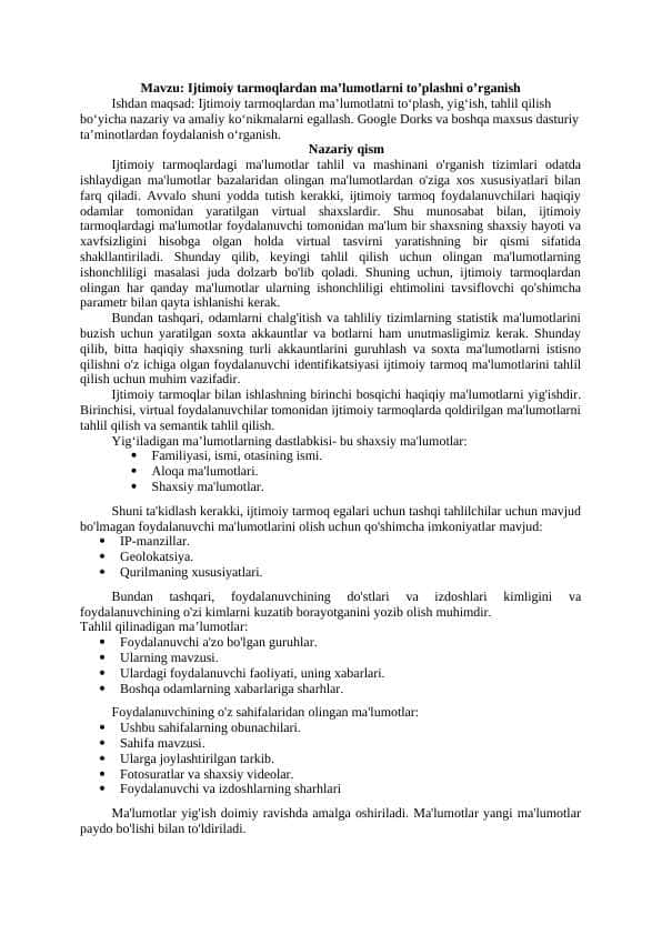 Ijtimoiy tarmoqlardan ma'lumotlarni to'plashni o'rganish