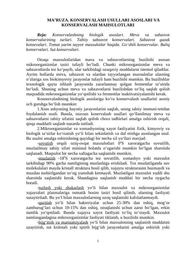 KONSERVALASH USULLARI ASOSLARI VA KONSERVALASH MAHSULOTLARI