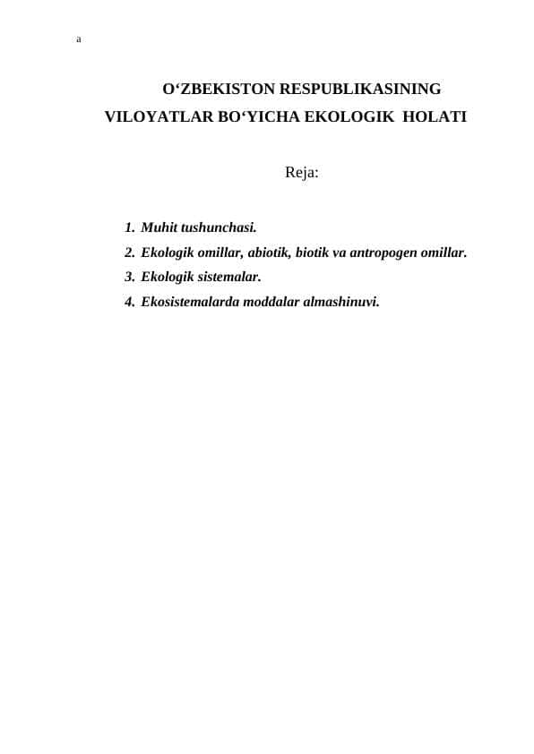 O‘ZBEKISTON RESPUBLIKASINING VILOYATLAR BO‘YICHA EKOLOGIK HOLATI