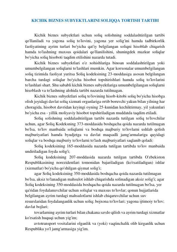 KICHIK BIZNES SUBYEKTLARINI SOLIQQA TORTISH TARTIBI