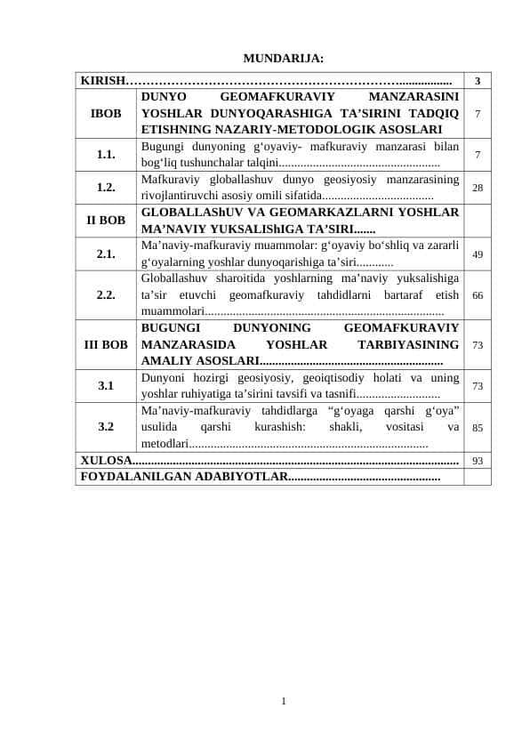 DUNYO GEOMAFKURAVIY MANZARASINI YOSHLAR DUNYOQARASHIGA TA’SIRINI