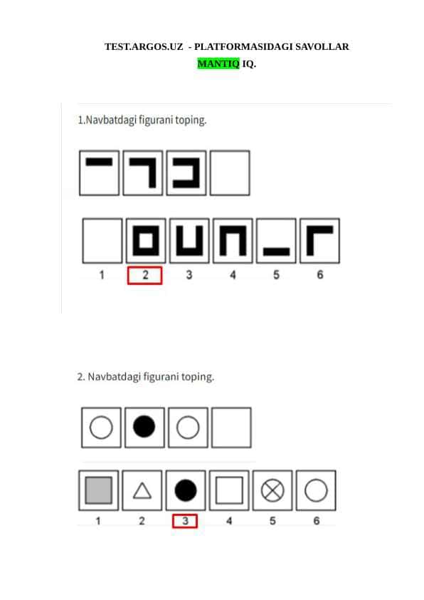 TEST.ARGOS.UZ - PLATFORMASIDAGI SAVOLLAR VA JAVOBLAR