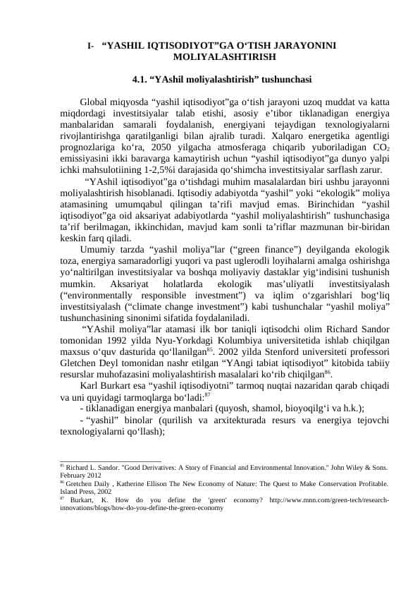 I- “YASHIL IQTISODIYOT”GA O‘TISH JARAYONINI MOLIYALASHTIRISH