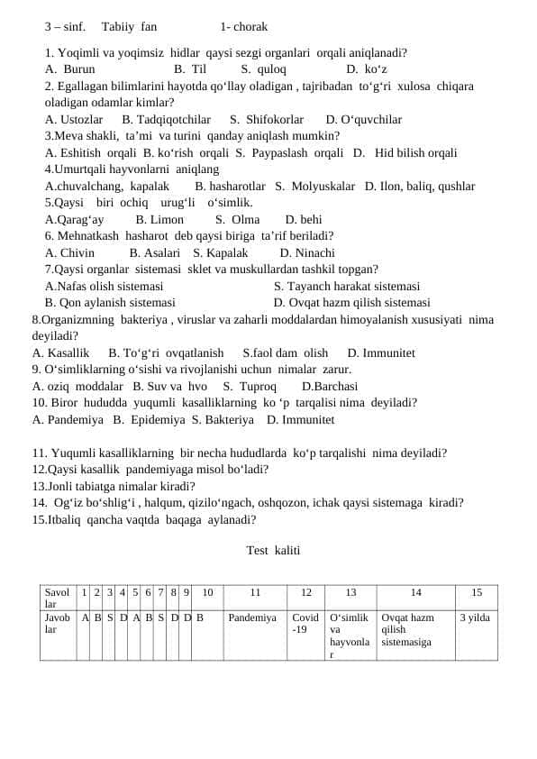 3 – sinf. Tabiiy fan javoblari bilan