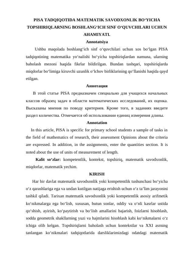 PISA TADQIQOTIDA MATEMATIK SAVODXONLIK BO‘YICHA TOPSHIRIQLARNING BOSHLANG‘ICH SINF O‘QUVCHILARI UCHUN AHAMIYATI.
