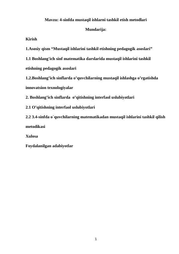 4-sinfda mustaqil ishlarni tashkil etish metodikasi