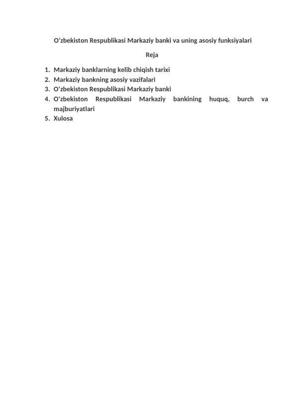 O‘zbekiston Respublikasi Markaziy banki va uning asosiy funksiyalari