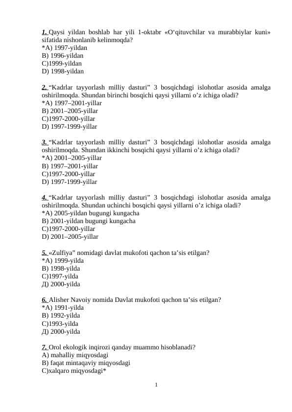 O'zbekistonning eng yangi tarixidan savollar, javoblari bilan