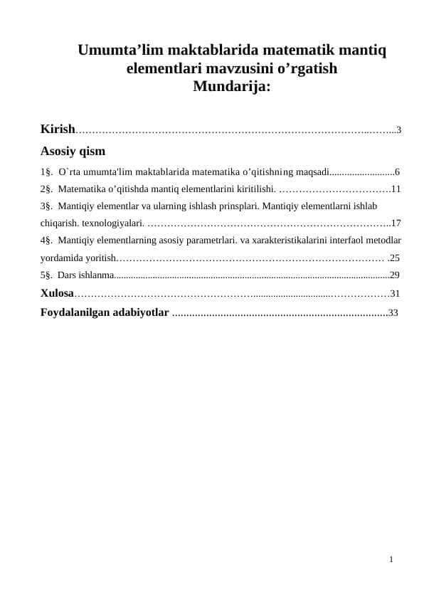 Umumta’lim maktablarida matematik mantiq elementlari mavzusini o’rgatish