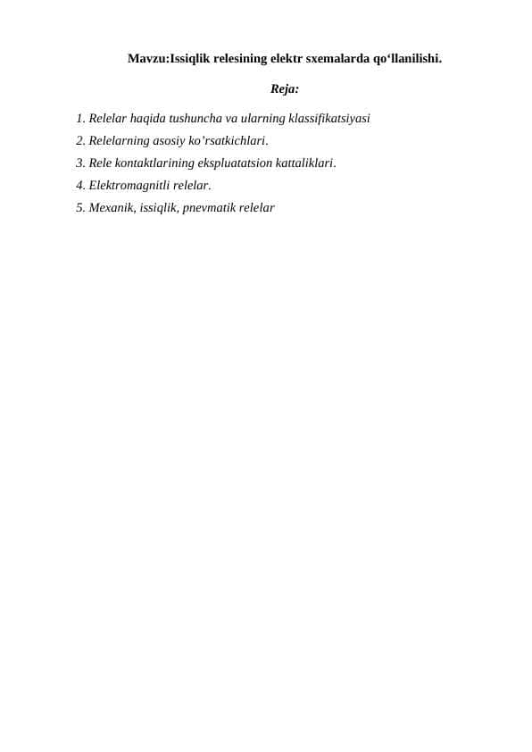 Issiqlik relesining elektr sxemalarda qo‘llanilishi.