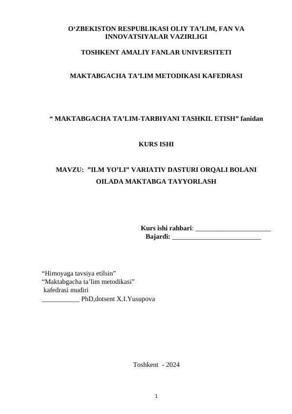 Ilm yo’li variativ dasturi orqali bolani oilada maktabga tayyorlash