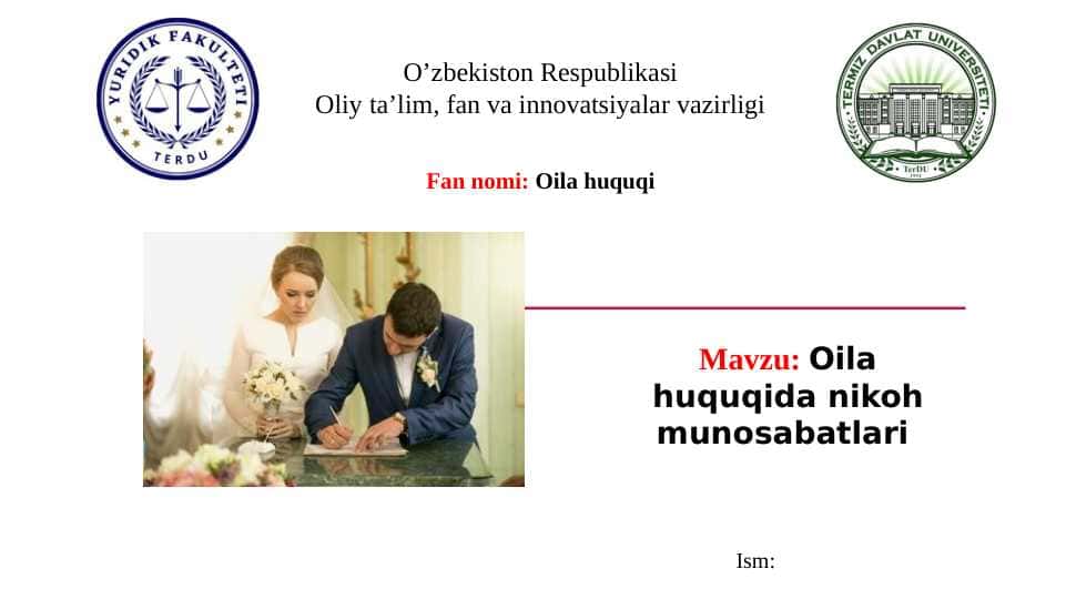 Oila huquqida nikoh munosabatlari