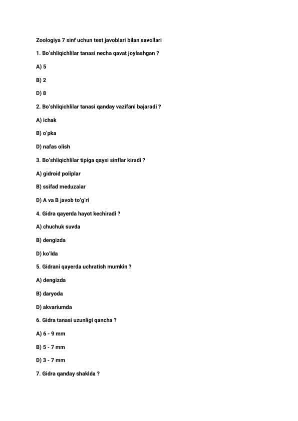 Zoologiya 7 sinf uchun test savollari javoblari bilan 30 ta test