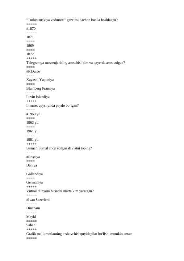Mediasavodxonlik fanidan test. 200 talik. javoblari bilan