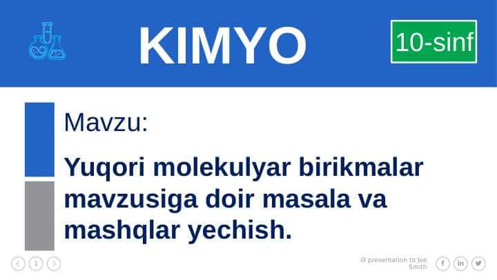 Yuqori molekulyar birikmalar mavzusiga doir masala va mashqlar yechish.