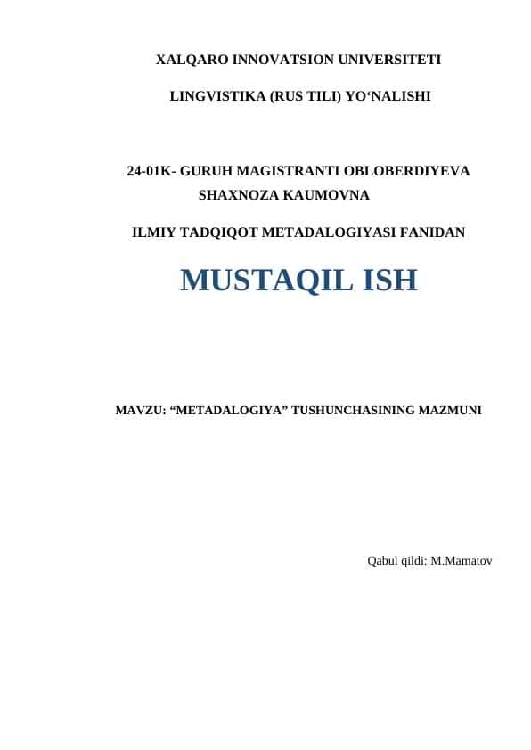 Metadalogiya tushunchasining mazmuni