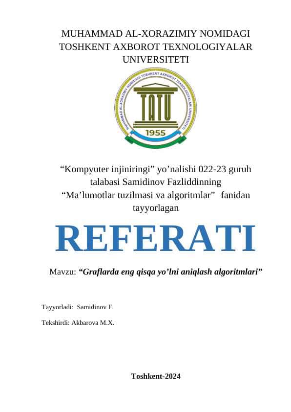 Graflarda eng qisqa yo’lni aniqlash algoritmlari