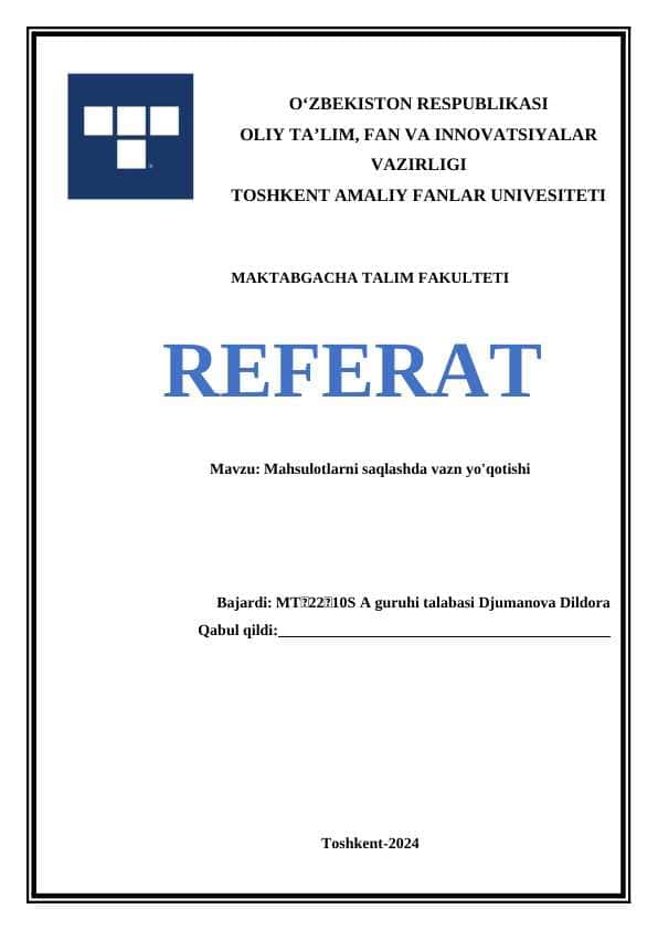 Mahsulotlarni saqlashda vazn yo'qotishi