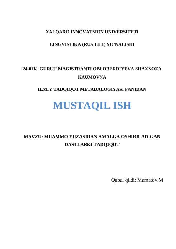 MUAMMO YUZASIDAN AMALGA OSHIRILADIGAN DASTLABKI TADQIQOT