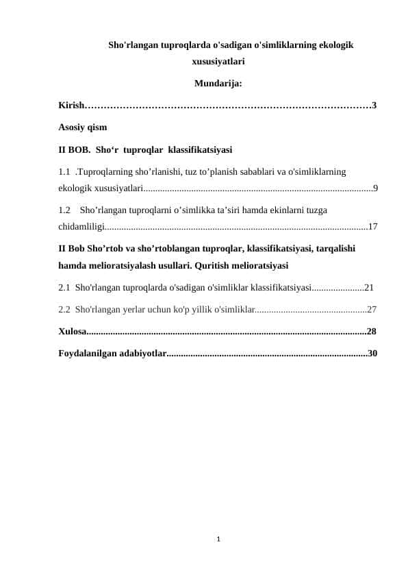 Sho'rlangan tuproqlarda o'sadigan o'simliklarning ekologik xususiyatlari