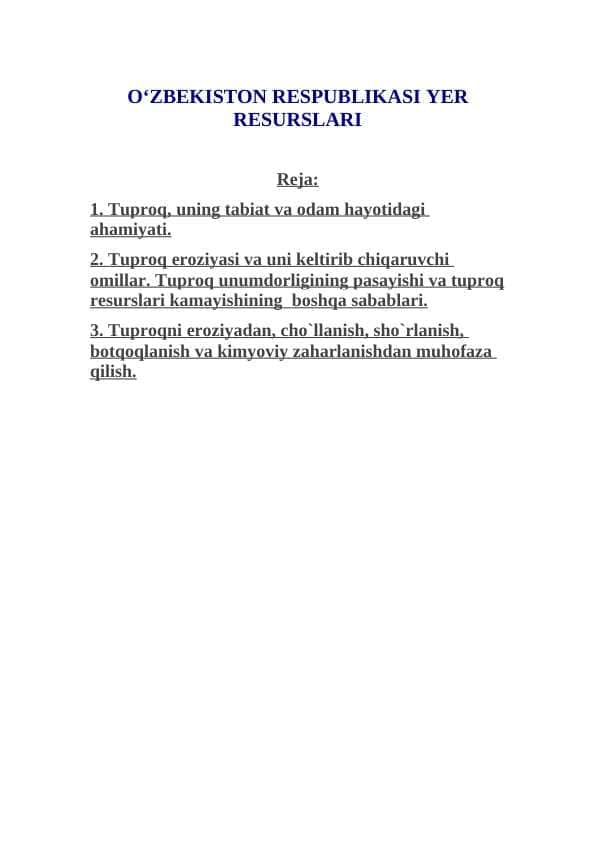 O‘ZBEKISTON RESPUBLIKASI YER RESURSLARI