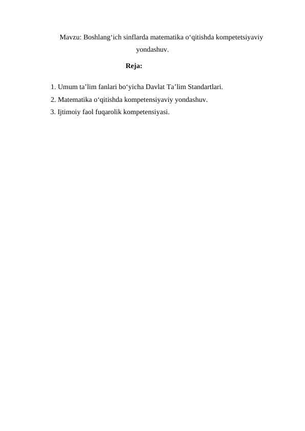 Boshlang‘ich sinflarda matematika o‘qitishda kompetetsiyaviy yondashuv.
