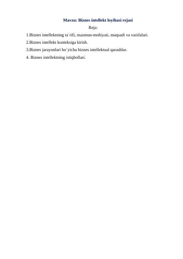 Biznes intellekt loyihasi rejasi