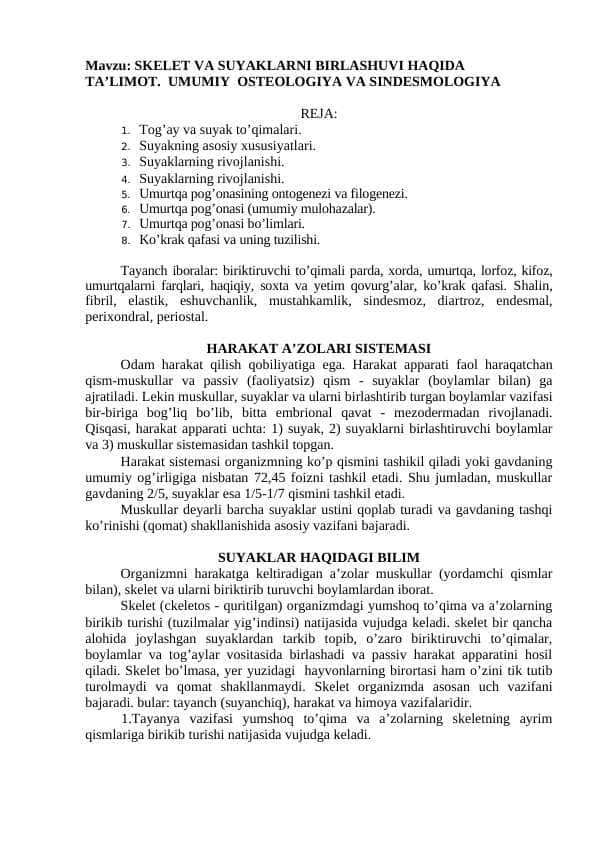 SKELET VA SUYAKLARNI BIRLASHUVI HAQIDA TA’LIMOT. UMUMIY OSTEOLOGIYA VA SINDESMOLOGIYA