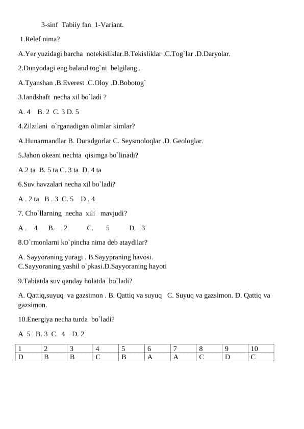 3-sinf Tabiiy fan 1-Variant.