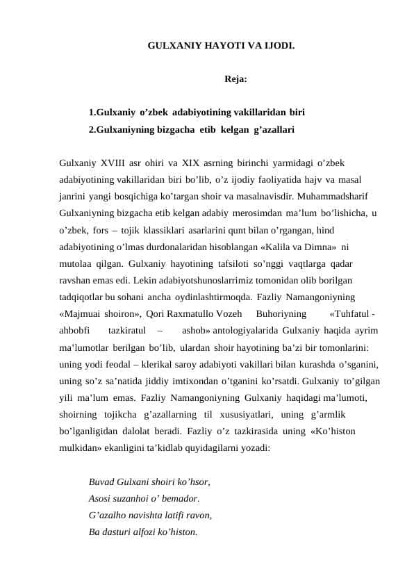 GULХANIY HAYOTI VA IJODI.