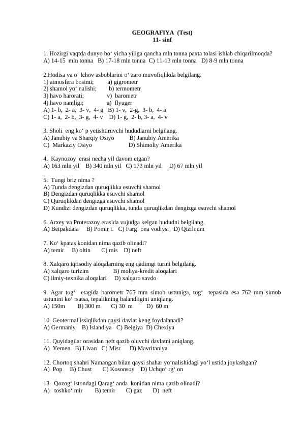 11 sinf GEOGRAFIYA test