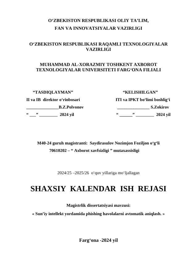 Shaxsiy kalendar reja( magistrlar uchun 2025 )