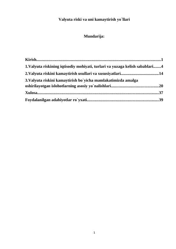 Valyuta riski va uni kamaytirish yo`llari