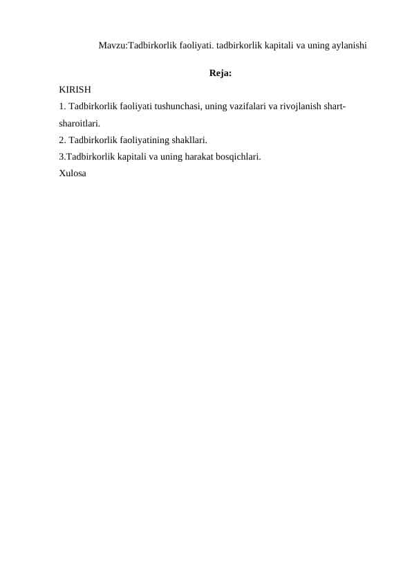 Tadbirkorlik faoliyati. tadbirkorlik kapitali va uning aylanishi