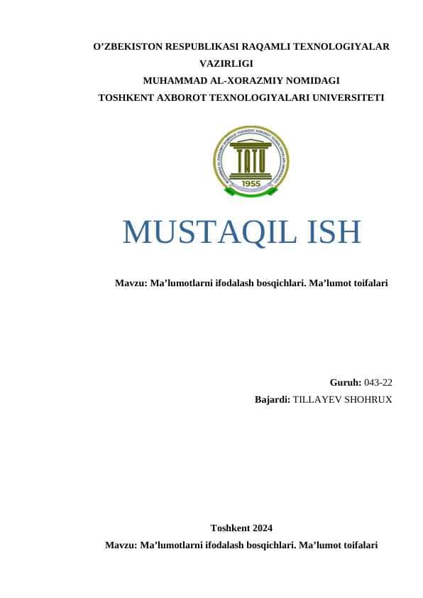 Ma’lumotlarni ifodalash bosqichlari. Ma’lumot toifalari