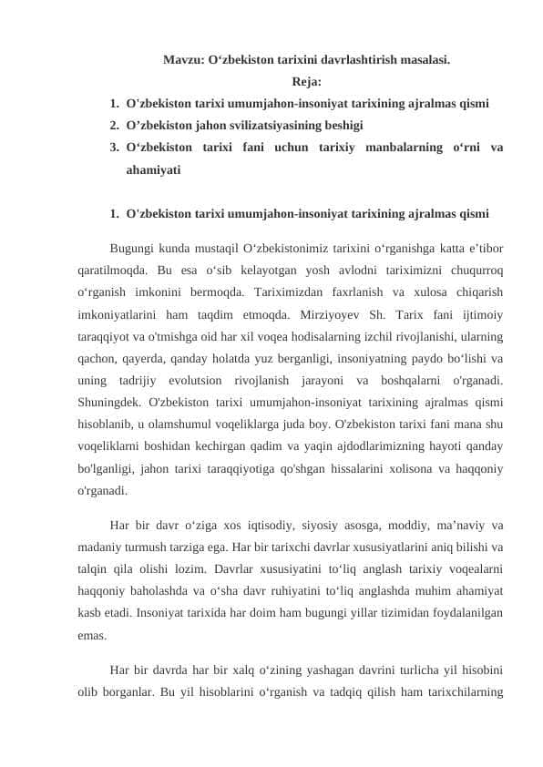 O‘zbekiston tarixini davrlashtirish masalasi