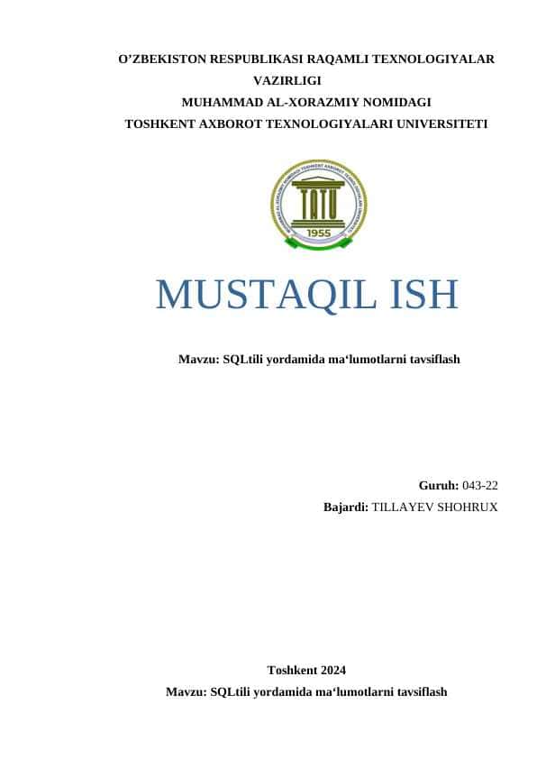SQLtili yordamida ma‘lumotlarni tavsiflash