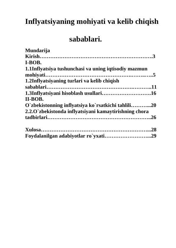 Inflyatsiyaning mohiyati va kelib chiqish sabablari.