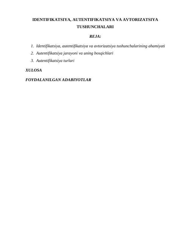 IDENTIFIKATSIYA, AUTENTIFIKATSIYA VA AVTORIZATSIYA TUSHUNCHALARI